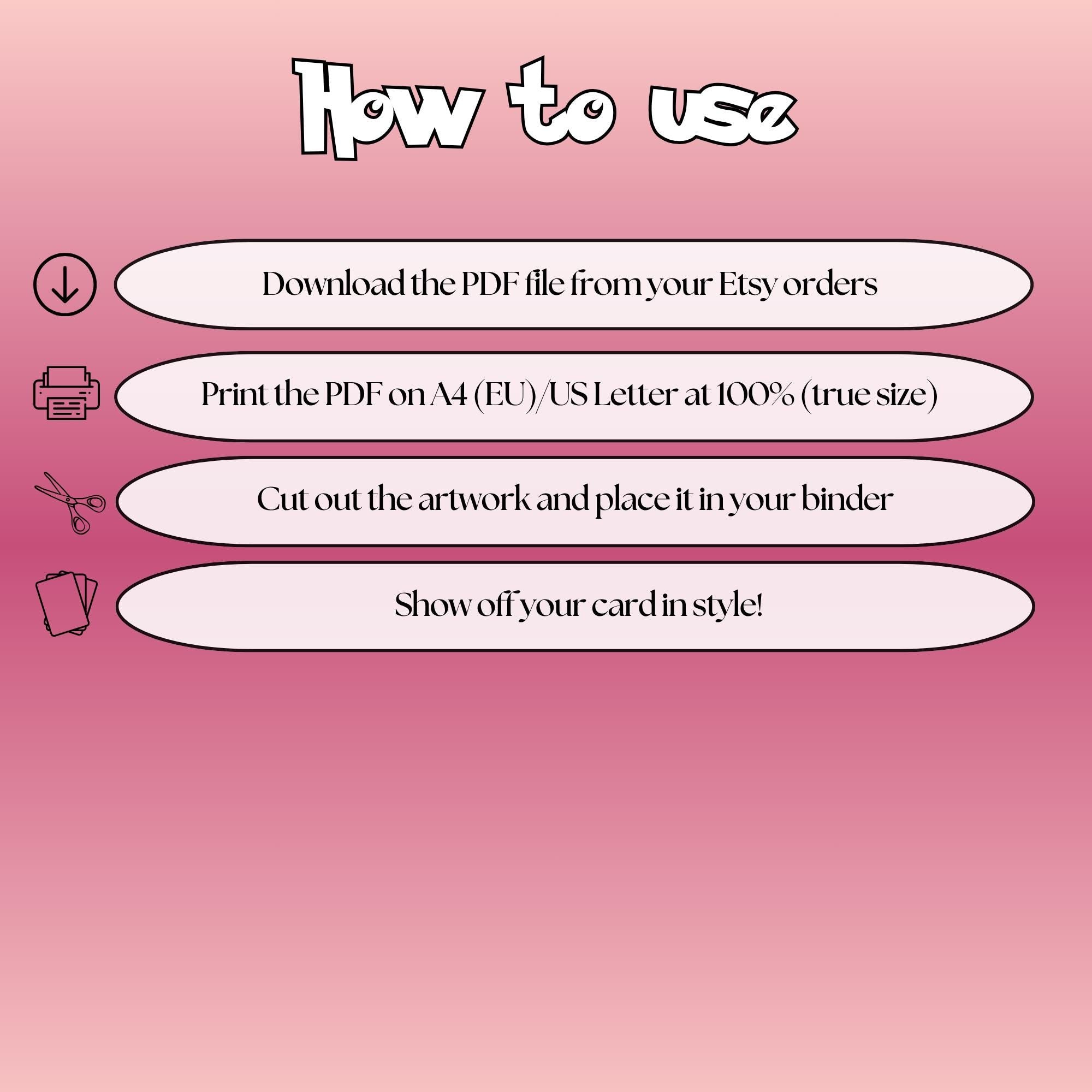 How to use instructions for printable Fezandipiti extended binder art, showing steps for downloading, printing, cutting and inserting the artwork to your binder.
