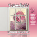 Extended binder art cover featuring Fezandipiti Card in a 3×3 binder layout, with framed artwork accents and digital download labels.