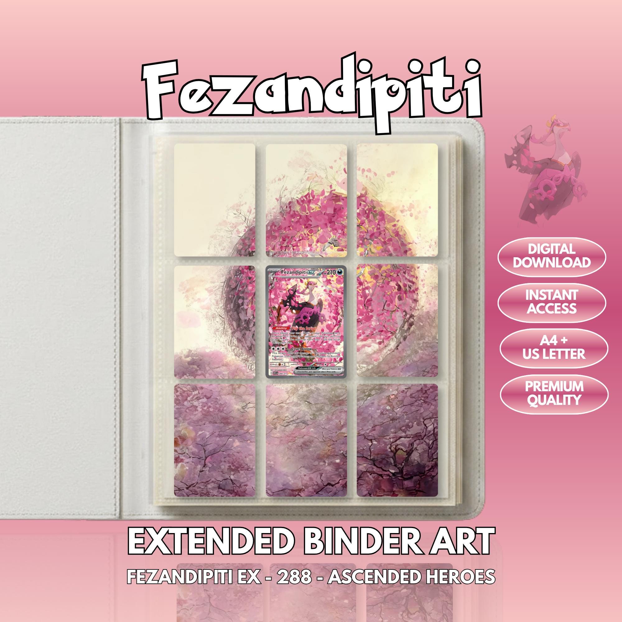 Extended binder art cover featuring Fezandipiti Card in a 3×3 binder layout, with framed artwork accents and digital download labels.