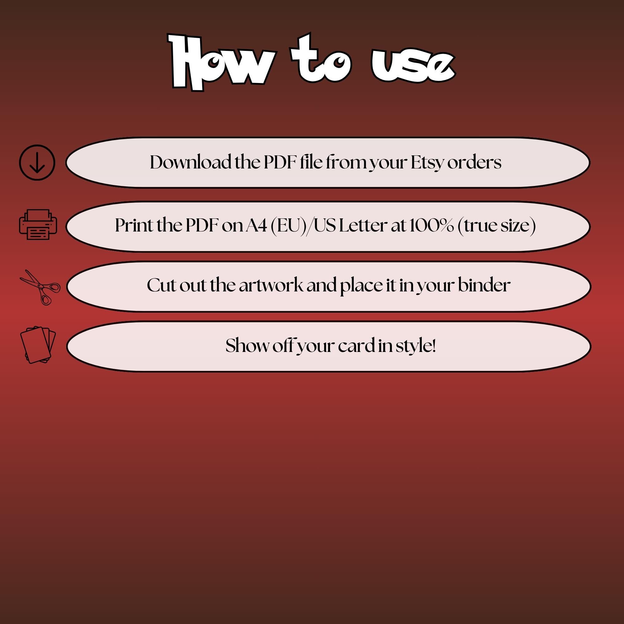 How to use instructions for printable Meowth extended binder art, showing steps for downloading, printing, cutting and inserting the artwork to your binder.