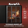 Extended binder art cover featuring Meowth Card in a 3×3 binder layout, with framed artwork accents and digital download labels.
