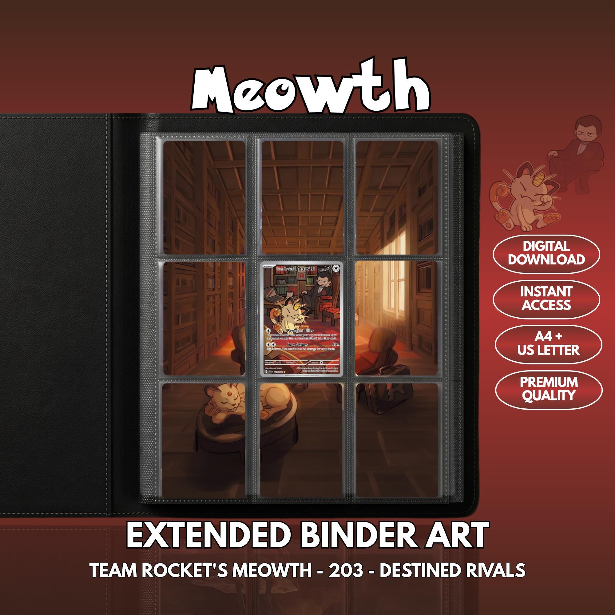Extended binder art cover featuring Meowth Card in a 3×3 binder layout, with framed artwork accents and digital download labels.