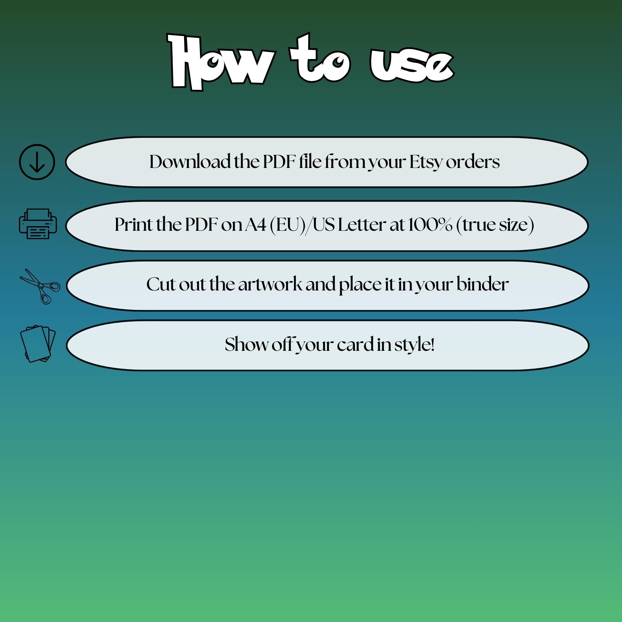 How to use instructions for printable Snorlax extended binder art, showing steps for downloading, printing, cutting and inserting the artwork to your binder.