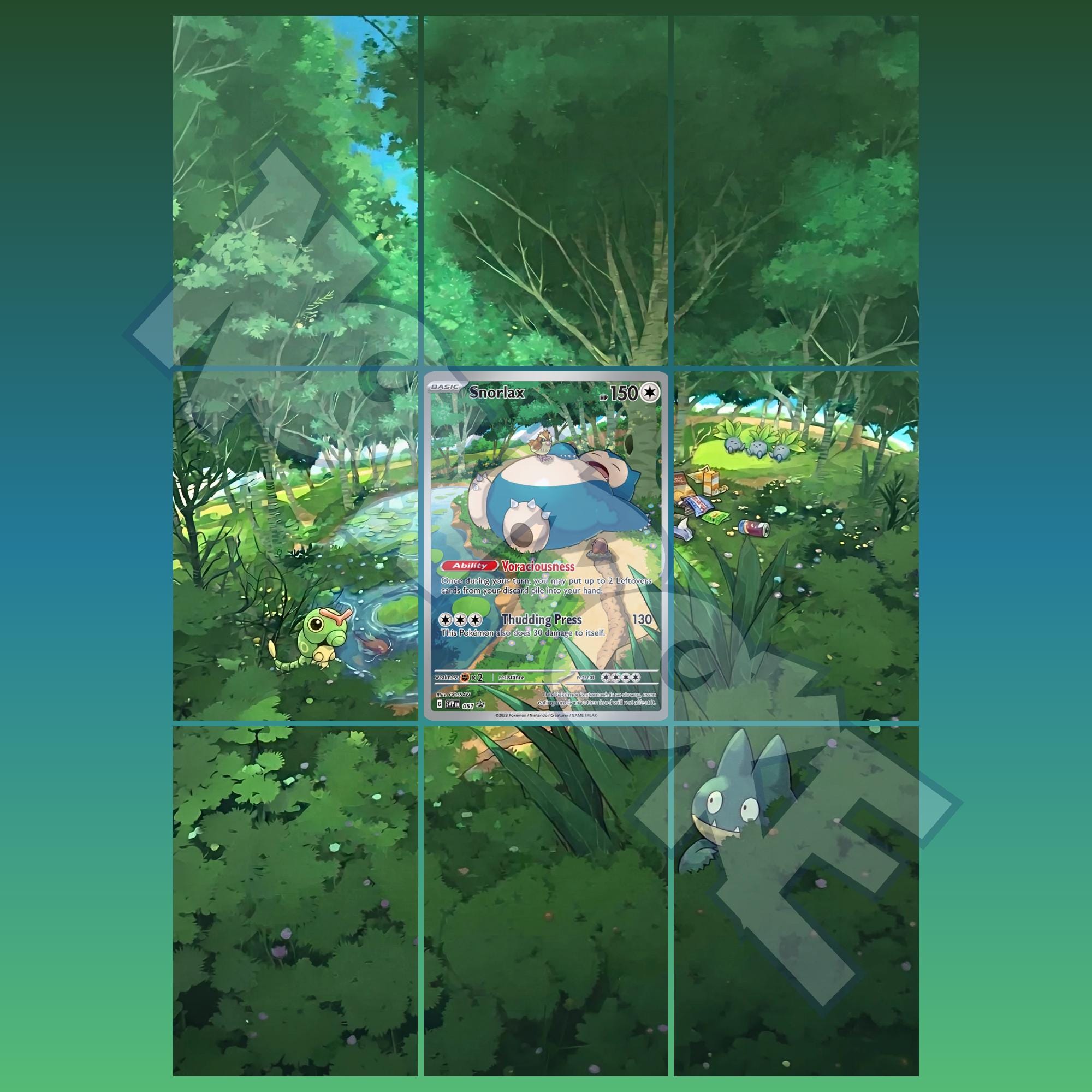 Snorlax card displayed in extended binder artwork, styled as premium extended binder art for Pokémon collectors. Shows what you will receive as a PDF to download and print.