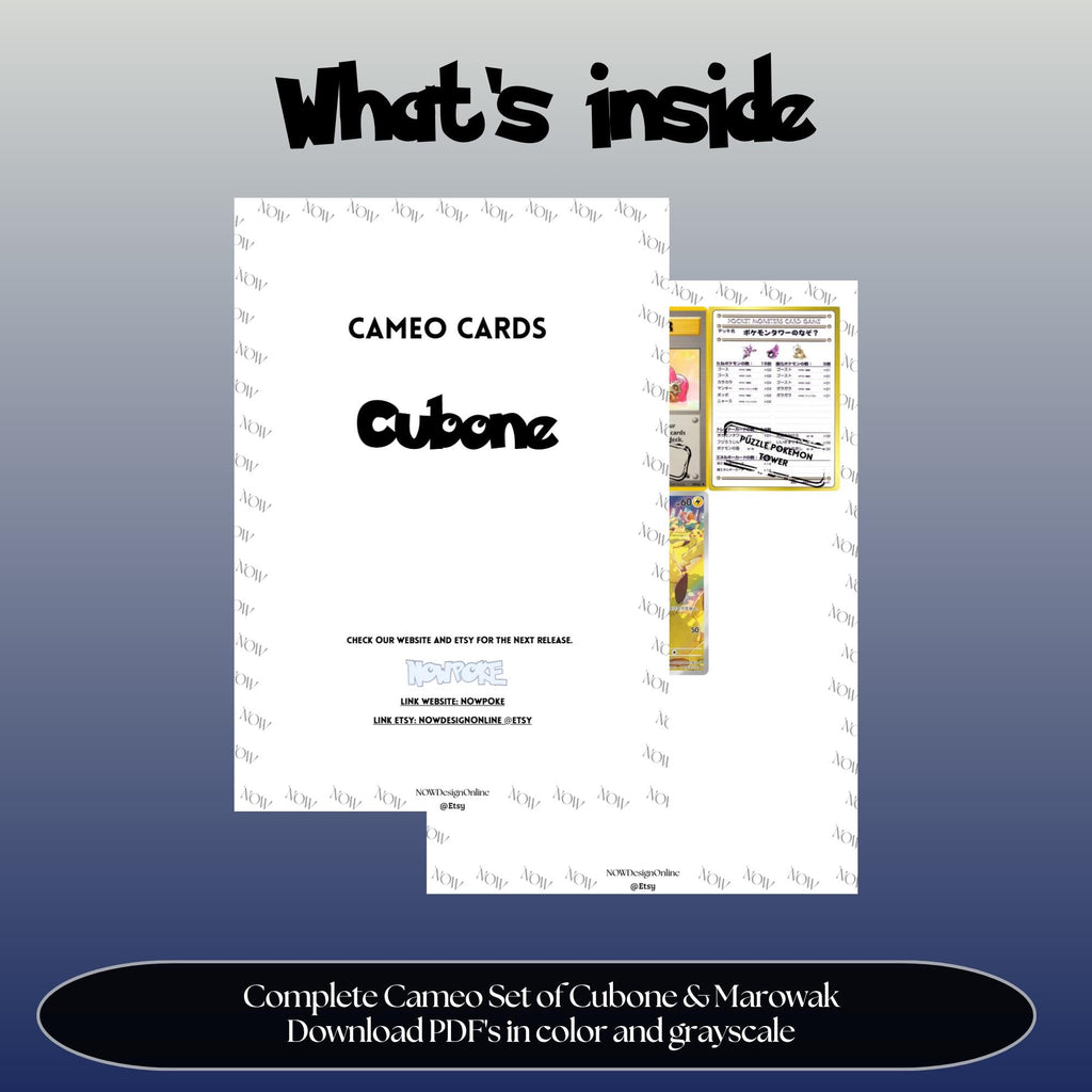 Cubone and Marowak Cameo binder pages set overview showing the included Pokémon cards to print and cut for your binder sleeves.