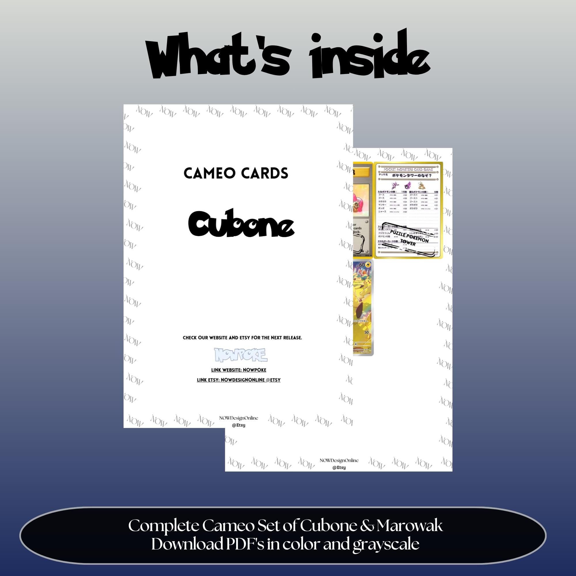 Cubone and Marowak Cameo binder pages set overview showing the included Pokémon cards to print and cut for your binder sleeves.