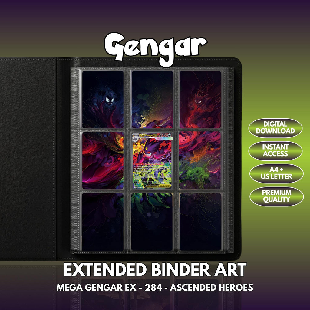Extended binder art cover featuring Gengar Card in a 3×3 binder layout, with framed artwork accents and digital download labels.