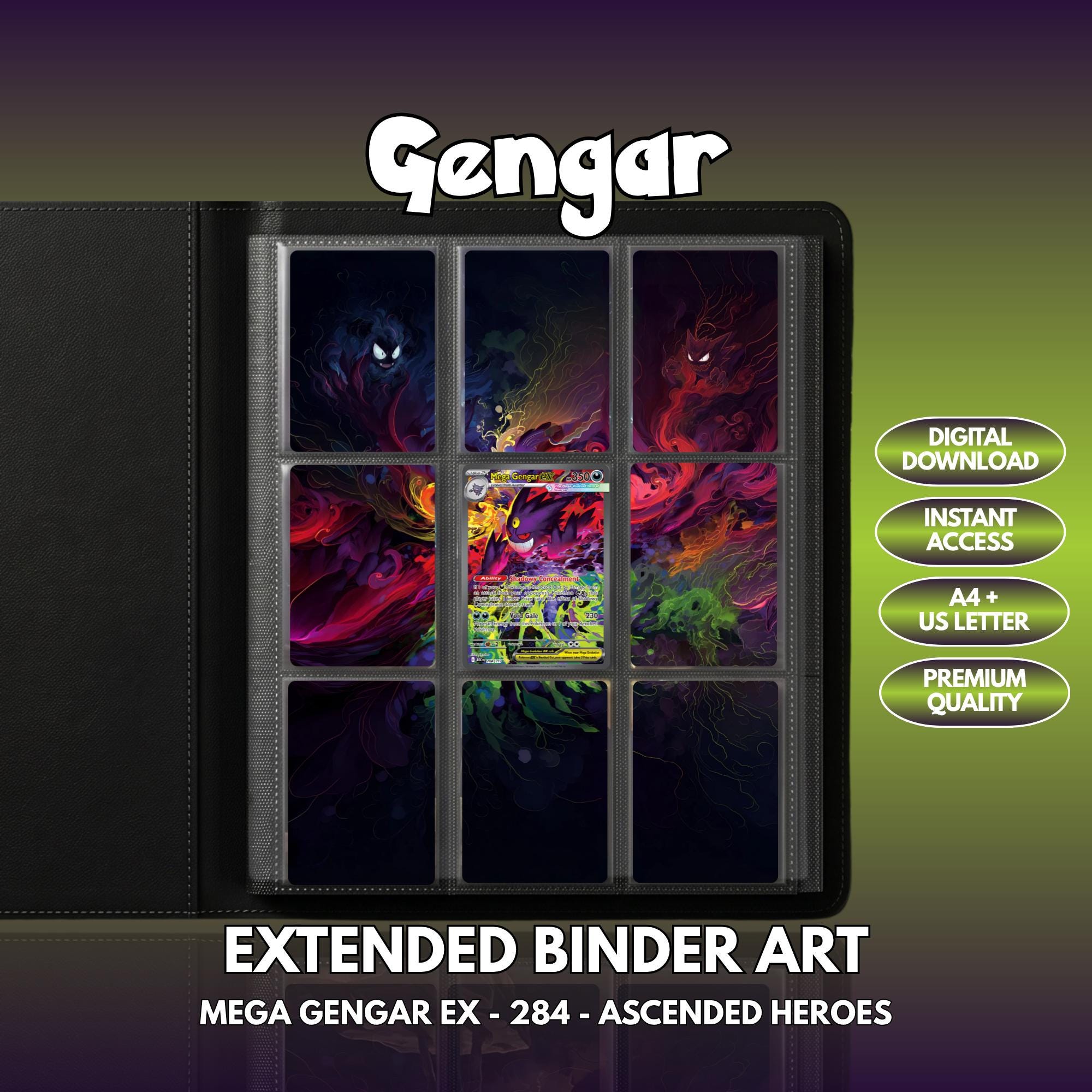 Extended binder art cover featuring Gengar Card in a 3×3 binder layout, with framed artwork accents and digital download labels.