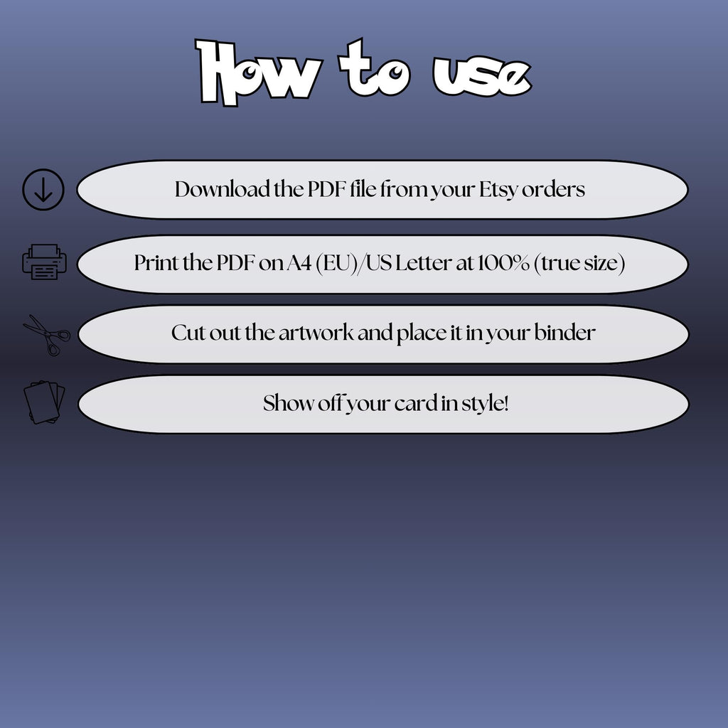 How to use instructions for printable Mewtwo extended binder art, showing steps for downloading, printing, cutting and inserting the artwork to your binder.