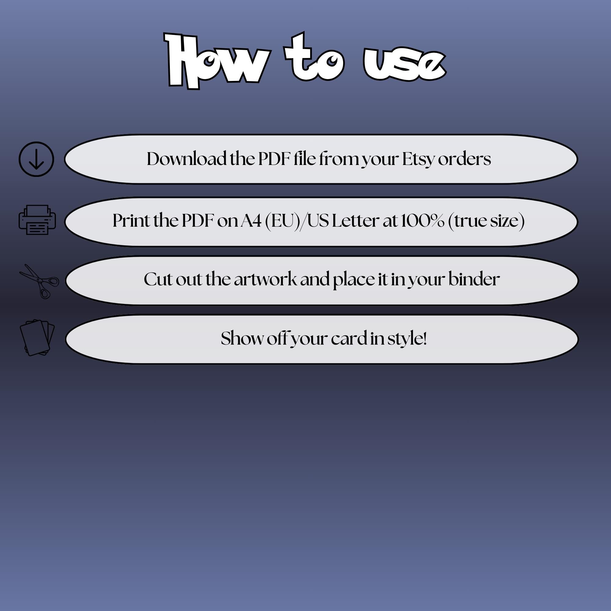 How to use instructions for printable Mewtwo extended binder art, showing steps for downloading, printing, cutting and inserting the artwork to your binder.
