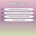 How to use instructions for printable Gardevoir extended binder art, showing steps for downloading, printing, cutting and inserting the artwork to your binder.