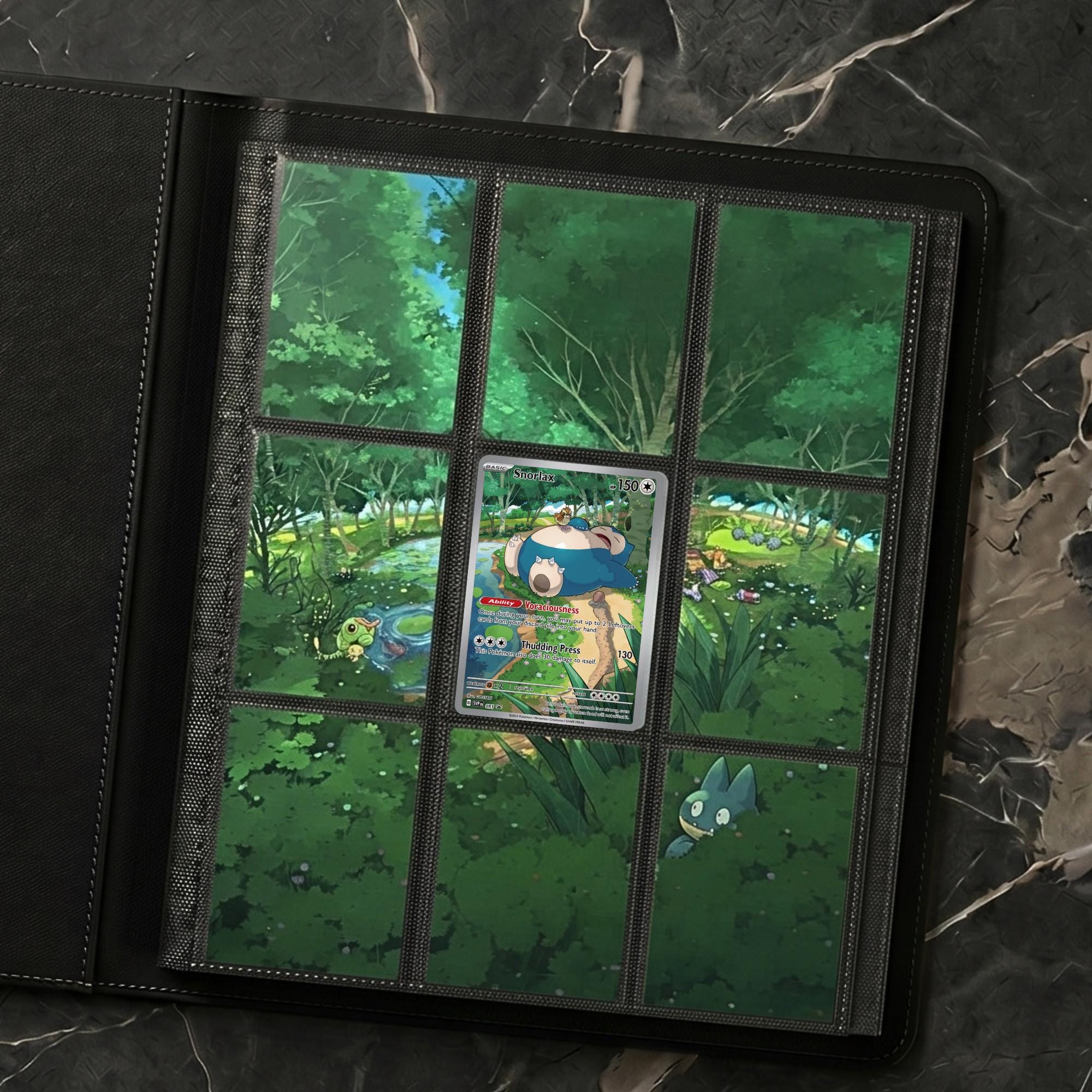 Preview window showing the Snorlax extended artwork in a warm indoor setting, styled as a binder display for Pokémon collectors.