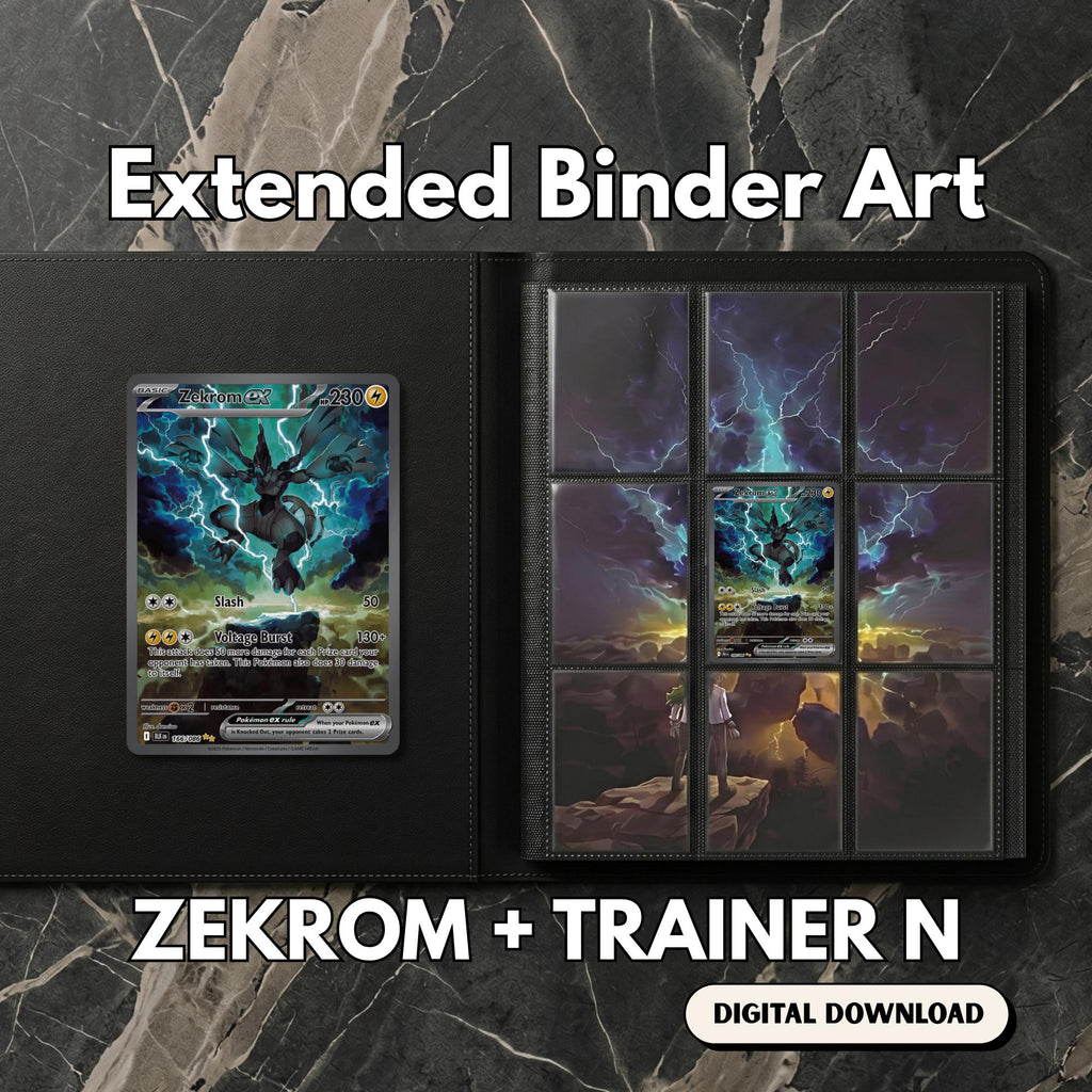 Zekrom extended binder art displayed in a 9‑pocket Pokémon binder on a dark marble surface, showing the full 3×3 artwork layout.