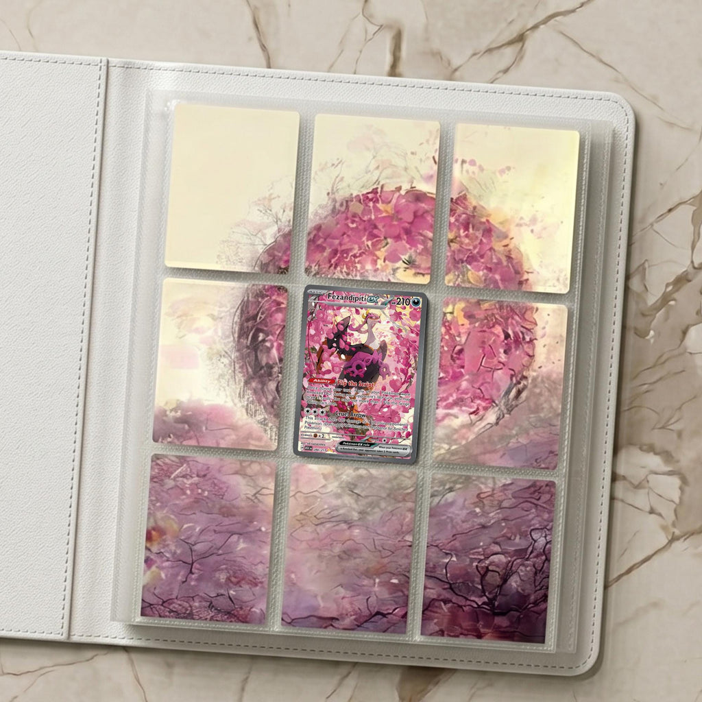 Preview window showing the Fezandipiti extended binder artwork displayed across a 3×3 layout, styled as a printable Pokémon binder page.