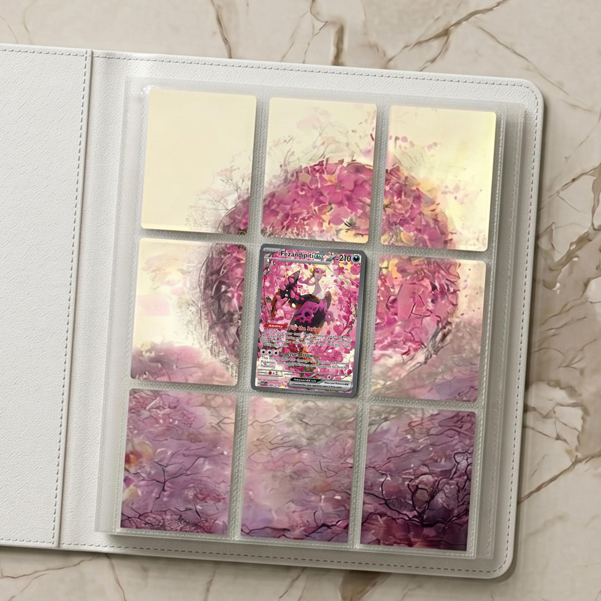 Preview window showing the Fezandipiti extended binder artwork displayed across a 3×3 layout, styled as a printable Pokémon binder page.