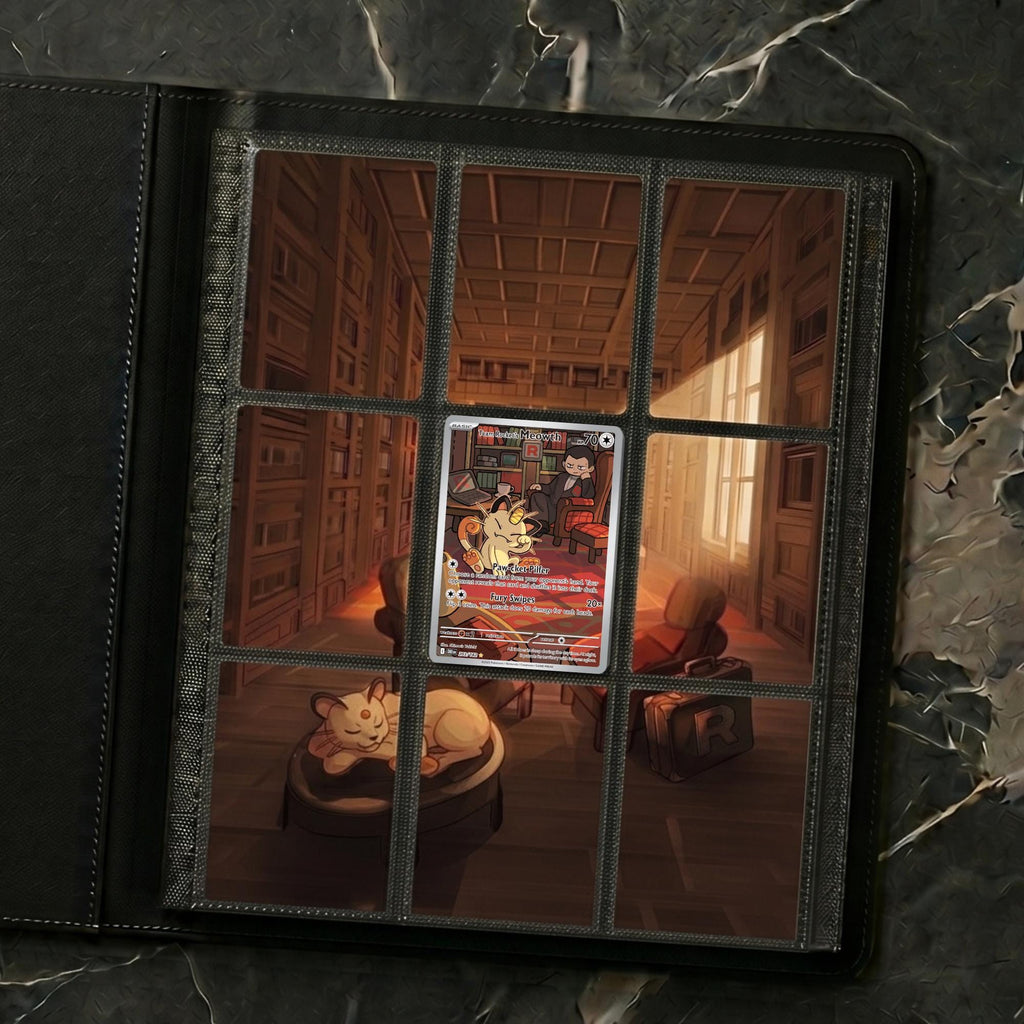 Preview window showing the Meowth extended binder artwork displayed across a 3×3 layout, styled as a printable Pokémon binder page.