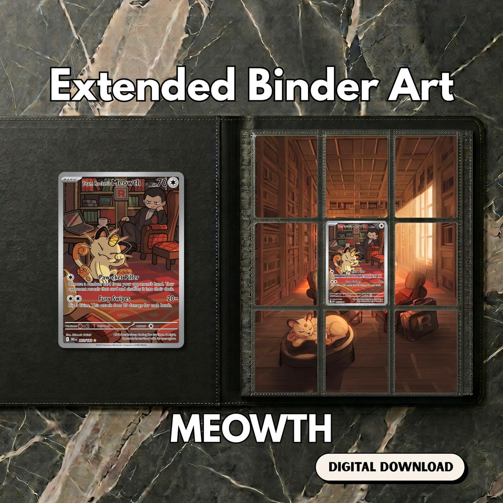 Meowth extended binder art displayed in a 9‑pocket Pokémon binder on a dark marble surface, showing the full 3×3 artwork layout.