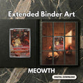 Meowth extended binder art displayed in a 9‑pocket Pokémon binder on a dark marble surface, showing the full 3×3 artwork layout.