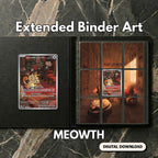 Meowth extended binder art displayed in a 9‑pocket Pokémon binder on a dark marble surface, showing the full 3×3 artwork layout.