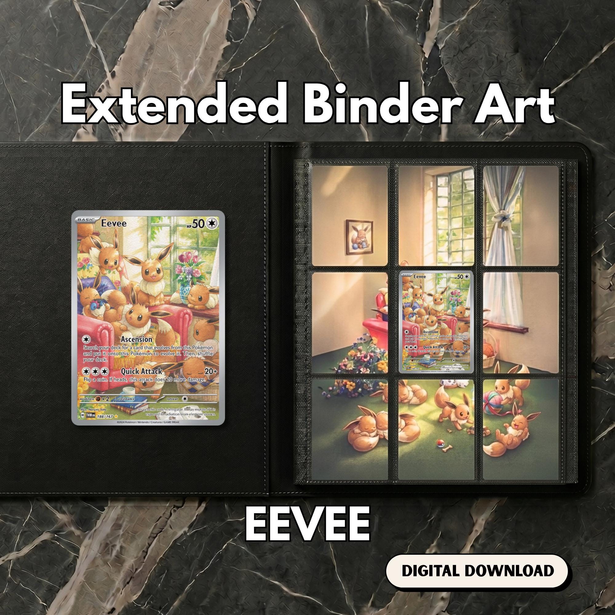 Eevee extended binder art displayed in a 9‑pocket Pokémon binder on a dark marble surface, showing the full 3×3 artwork layout.