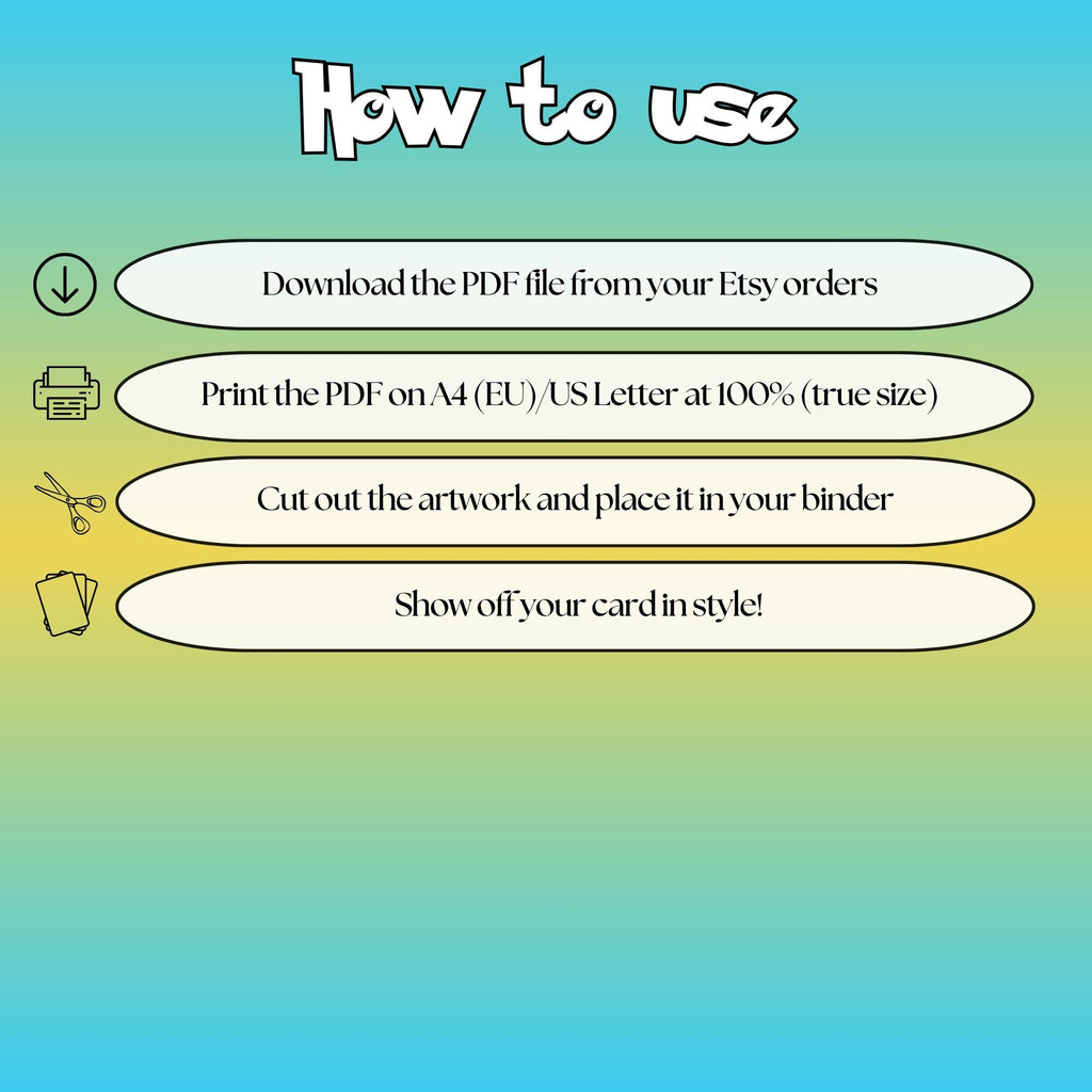 How to use instructions for printable Psyduck extended binder art, showing steps for downloading, printing, cutting and inserting the artwork to your binder.