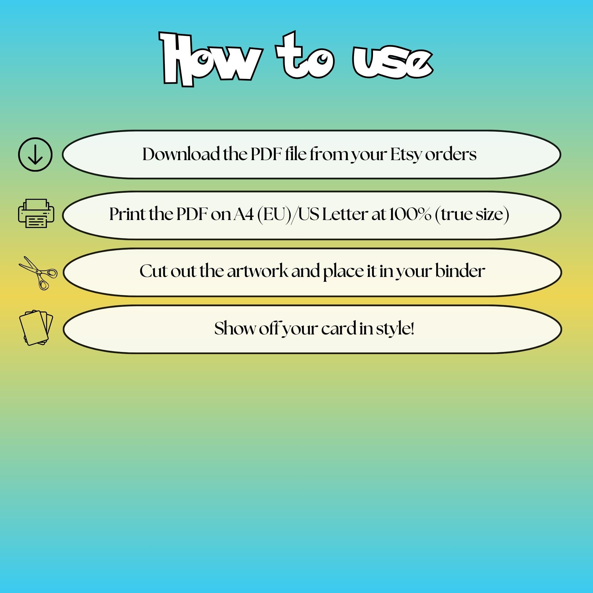 How to use instructions for printable Psyduck extended binder art, showing steps for downloading, printing, cutting and inserting the artwork to your binder.