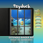 Extended binder art cover featuring Psyduck Card in a 3×3 binder layout, with framed artwork accents and digital download labels.