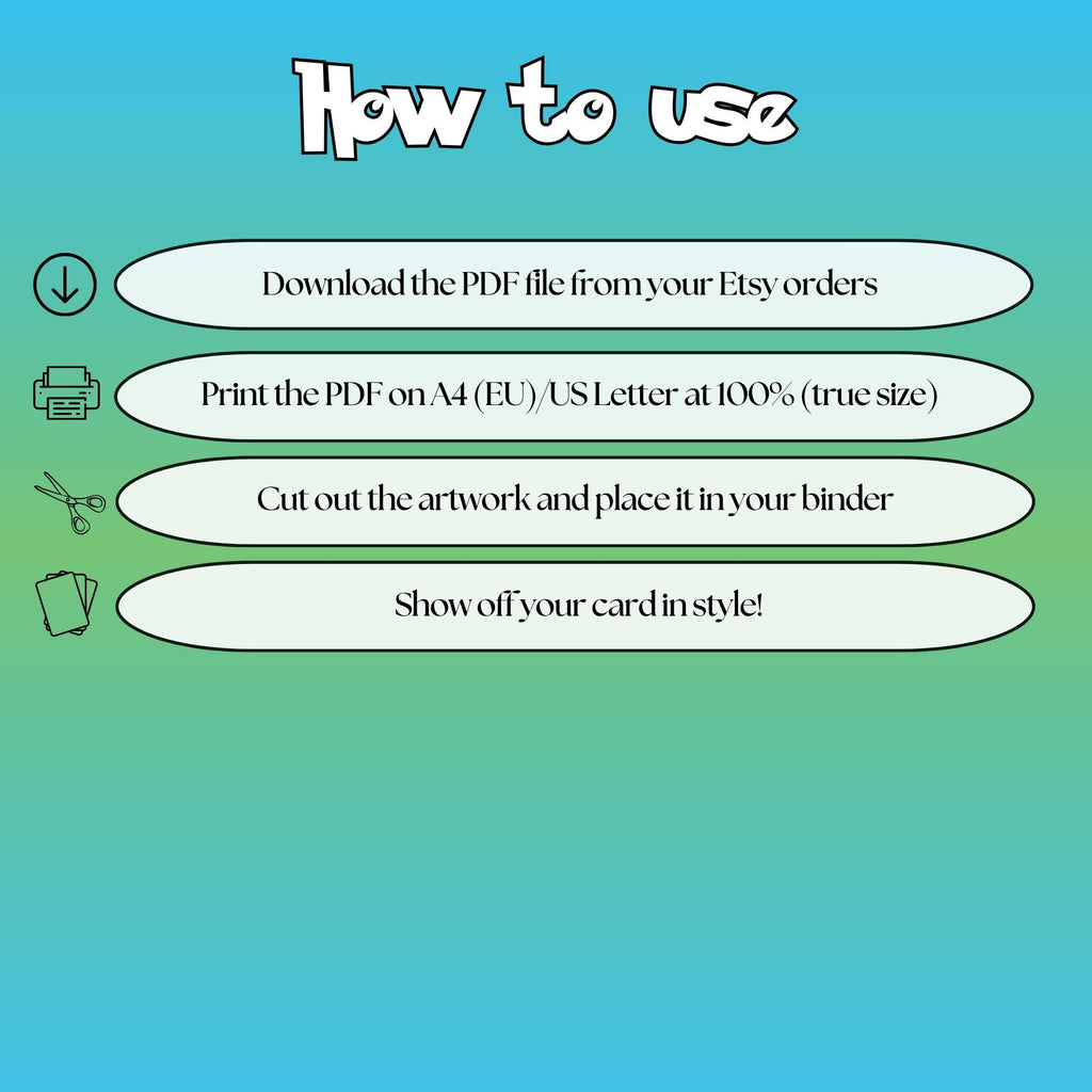 How to use instructions for printable Mew extended binder art, showing steps for downloading, printing, cutting and inserting the artwork to your binder.