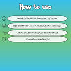 How to use instructions for printable Mew extended binder art, showing steps for downloading, printing, cutting and inserting the artwork to your binder.