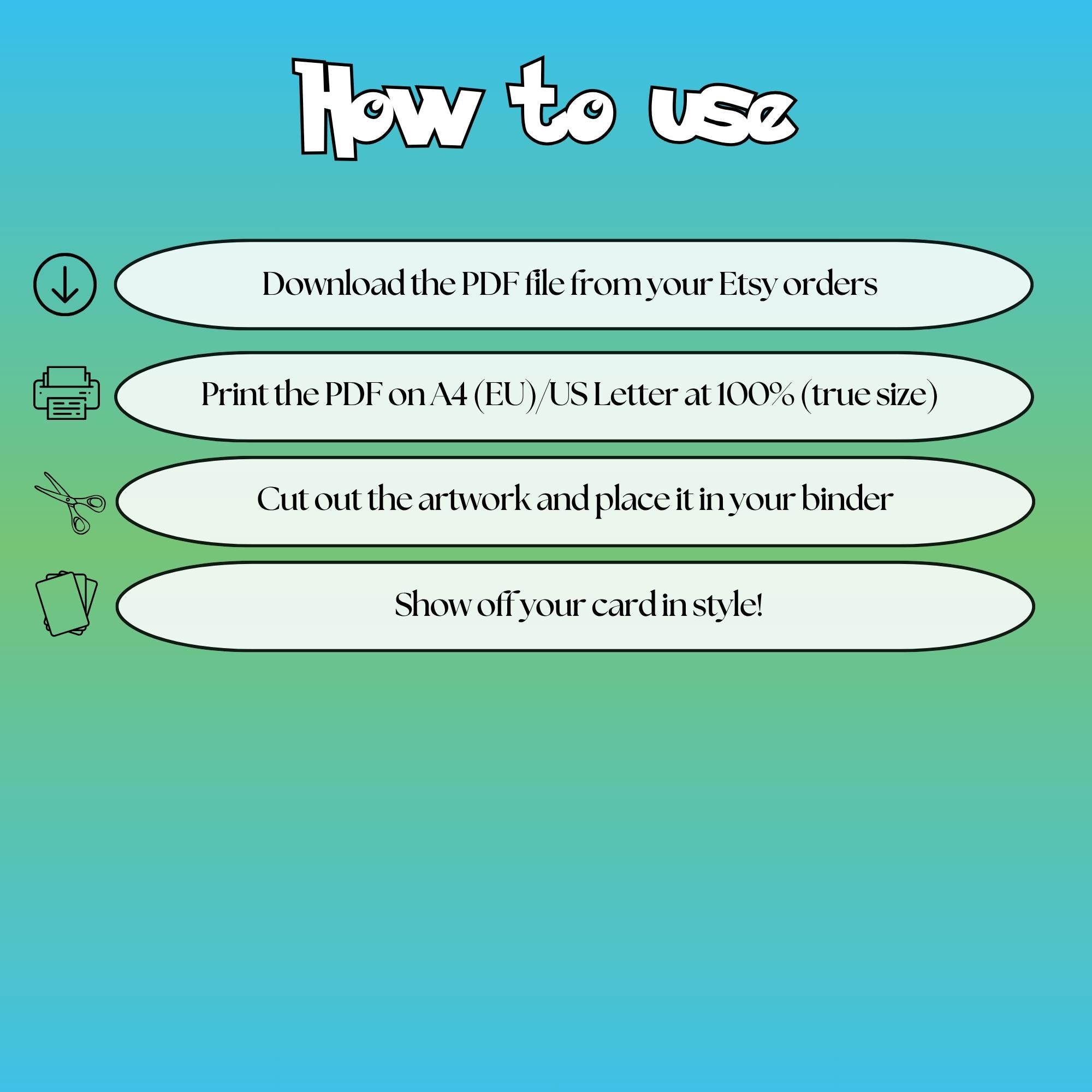 How to use instructions for printable Mew extended binder art, showing steps for downloading, printing, cutting and inserting the artwork to your binder.