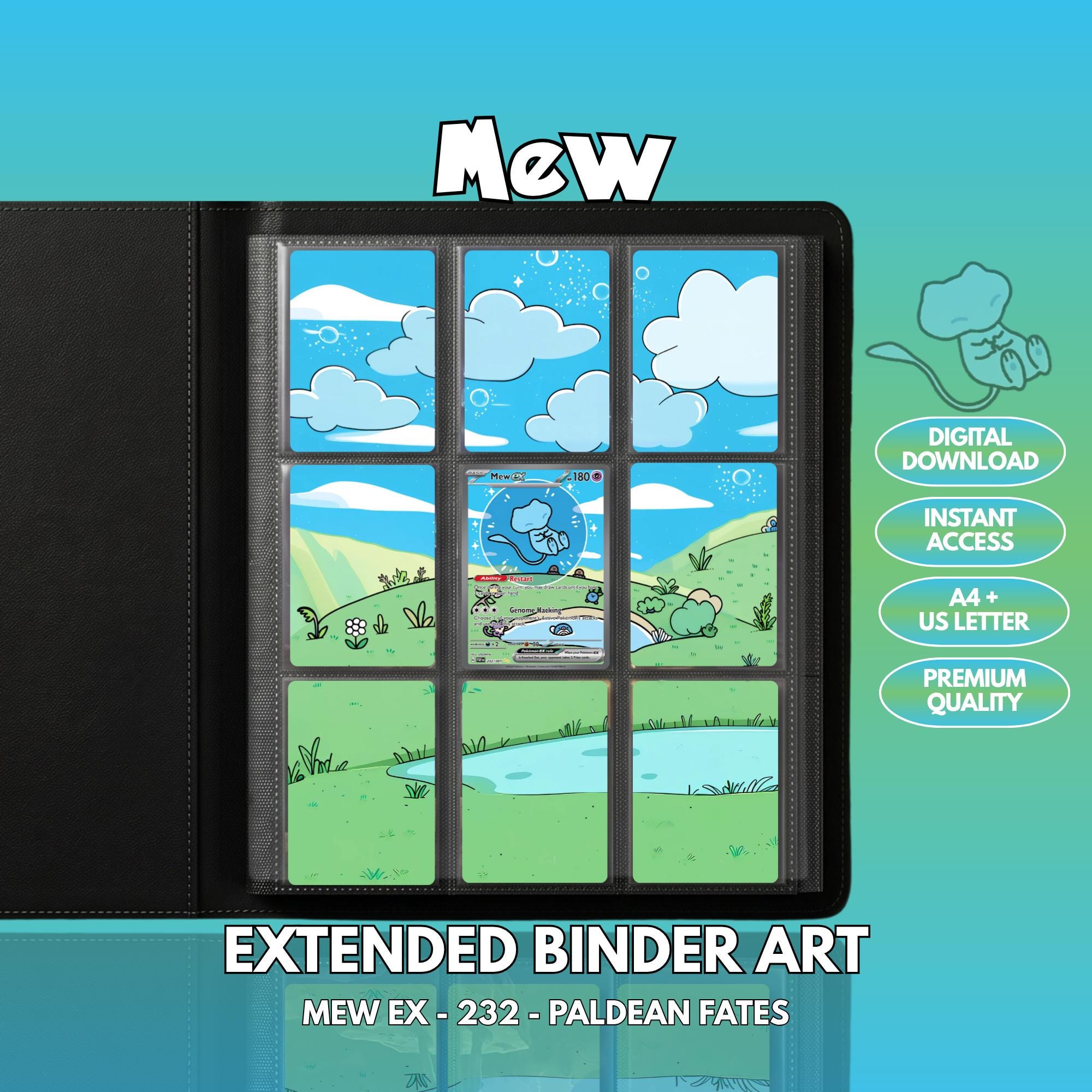 Extended binder art cover featuring Mew Card in a 3×3 binder layout, with framed artwork accents and digital download labels.