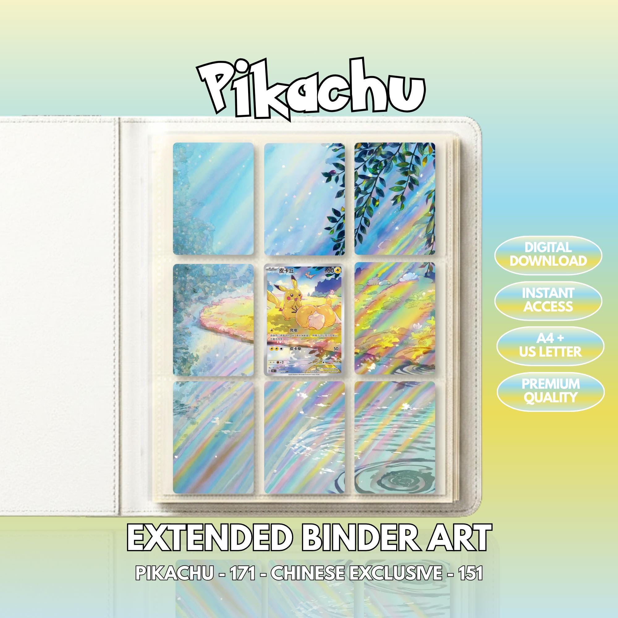Extended binder art cover featuring Pikachu Card in a 3×3 binder layout, with framed artwork accents and digital download labels.
