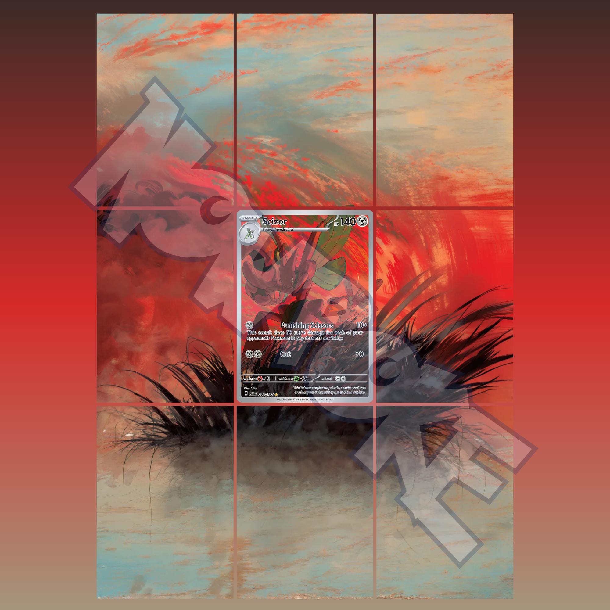 Scizor card displayed in extended binder artwork, styled as premium extended binder art for Pokémon collectors. Shows what you will receive as a PDF to download and print.