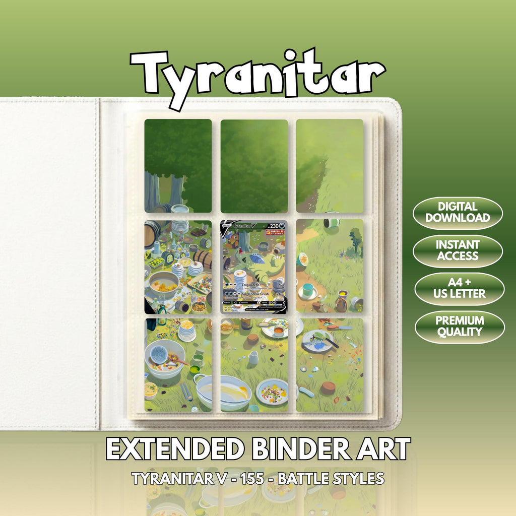 Extended binder art cover featuring Tyranitar Card in a 3×3 binder layout, with framed artwork accents and digital download labels.