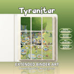 Extended binder art cover featuring Tyranitar Card in a 3×3 binder layout, with framed artwork accents and digital download labels.