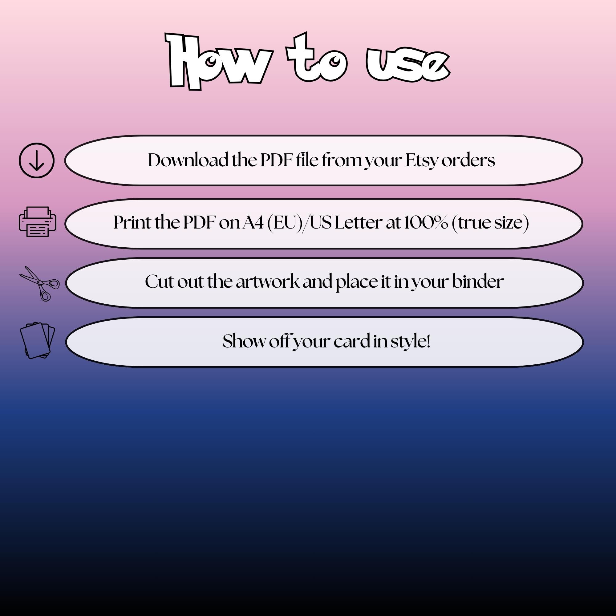 How to use instructions for printable Clefairy extended binder art, showing steps for downloading, printing, cutting and inserting the artwork to your binder.