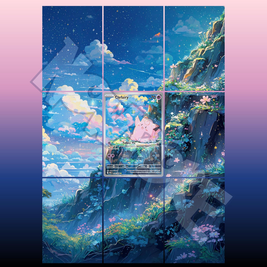 Clefairy card displayed in extended binder artwork, styled as premium extended binder art for Pokémon collectors. Shows what you will receive as a PDF to download and print.