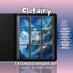 Extended binder art cover featuring Clefairy Card in a 3×3 binder layout, with framed artwork accents and digital download labels.