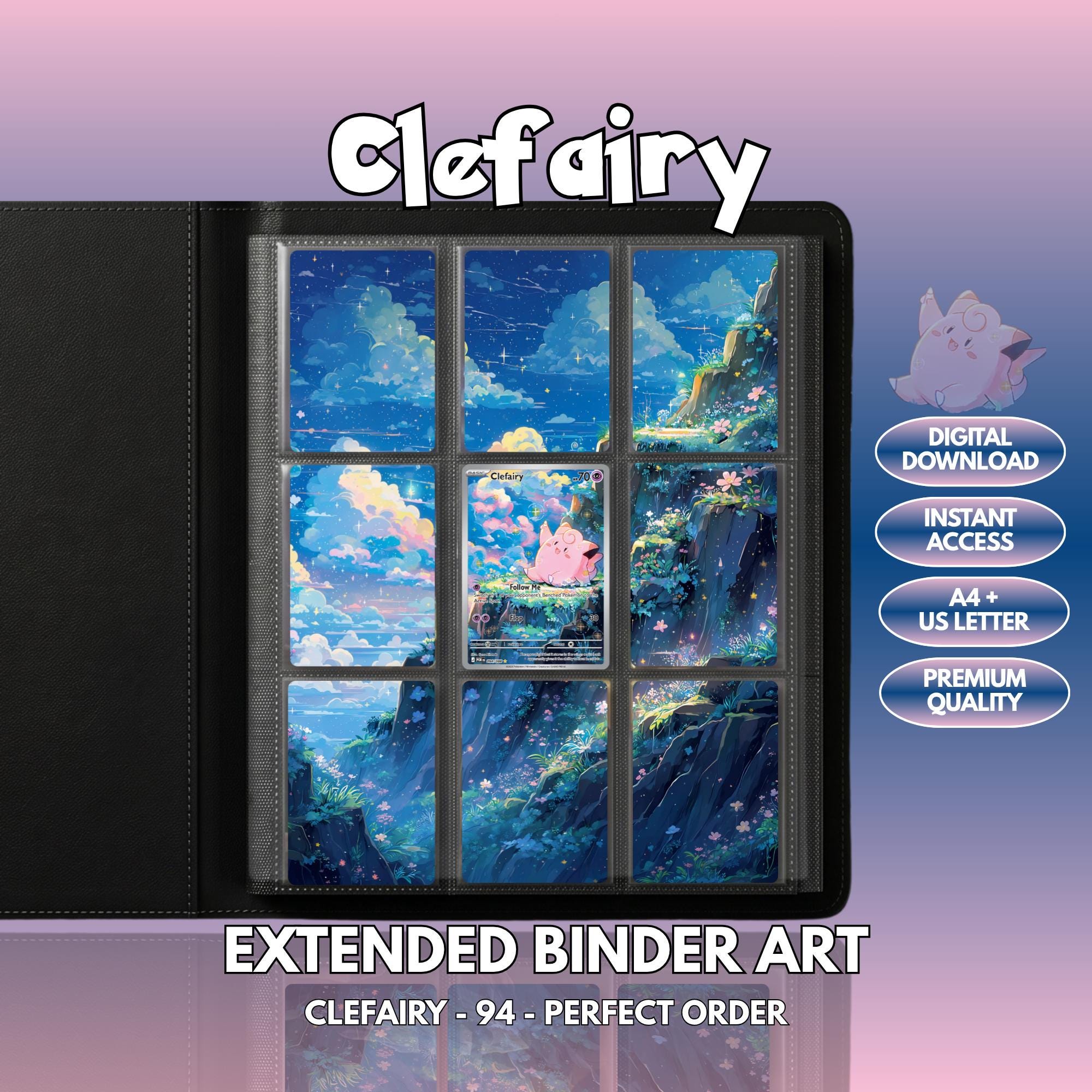 Extended binder art cover featuring Clefairy Card in a 3×3 binder layout, with framed artwork accents and digital download labels.