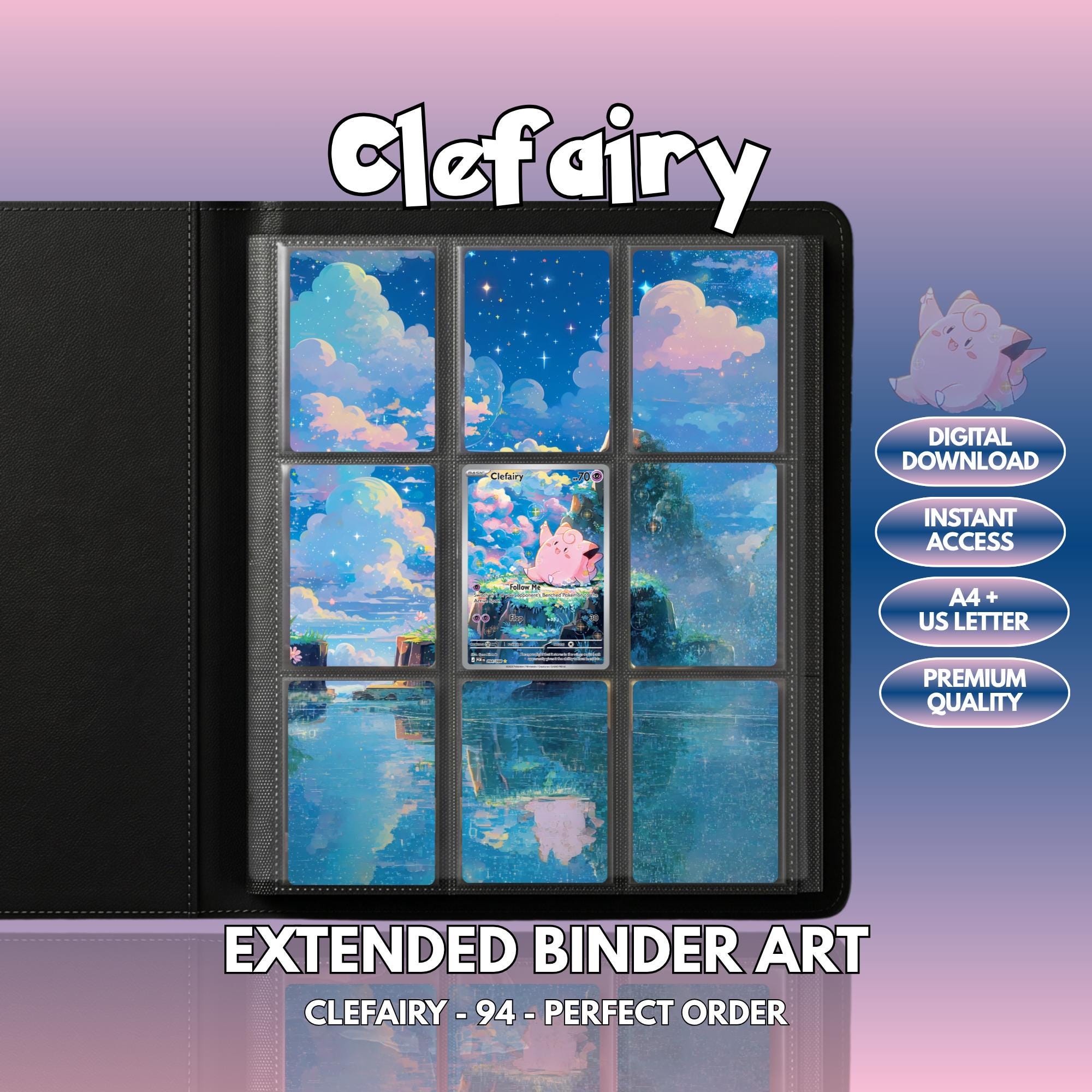 Extended binder art cover featuring Clefairy Card in a 3×3 binder layout, with framed artwork accents and digital download labels.
