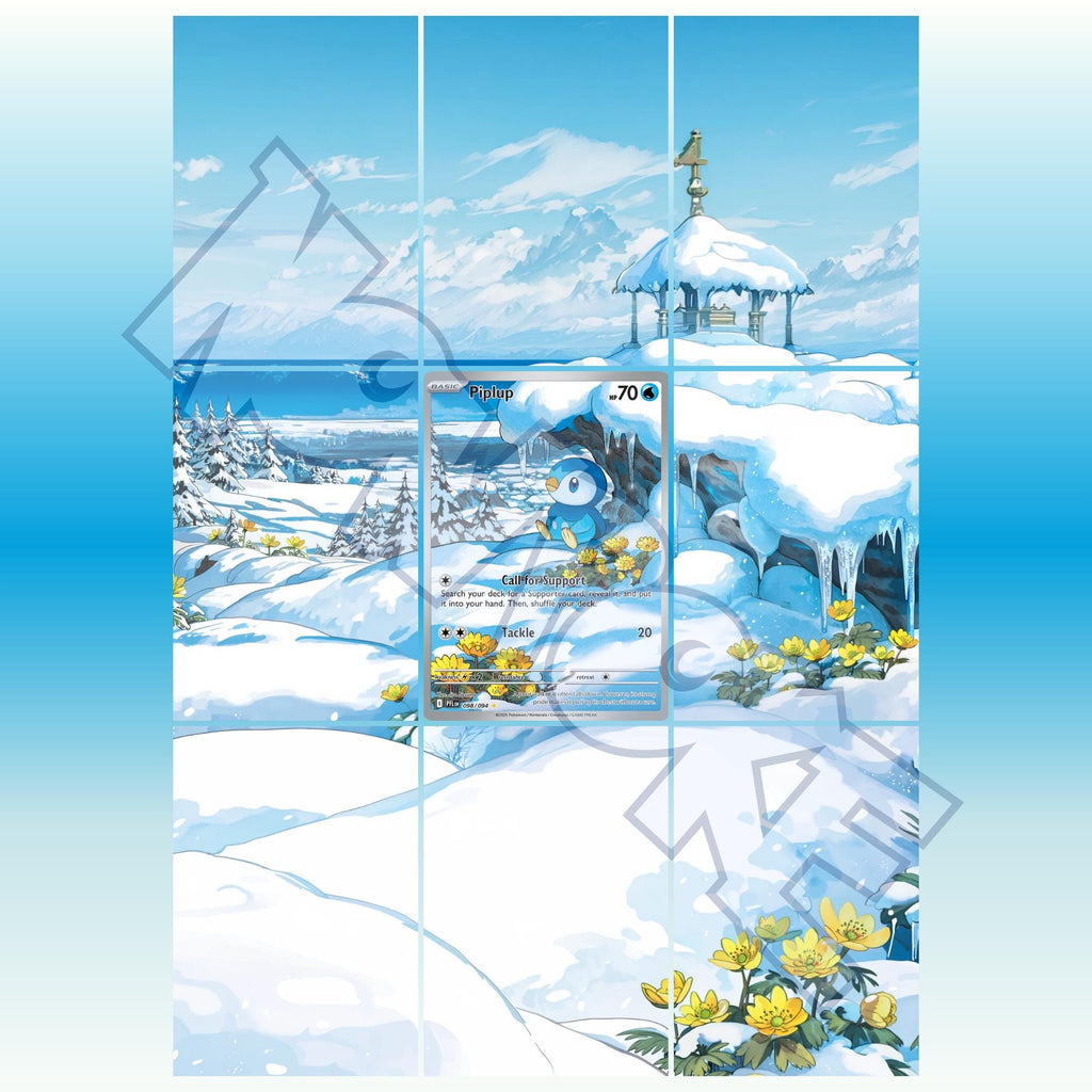 Piplup card displayed in extended binder artwork, styled as premium extended binder art for Pokémon collectors. Shows what you will receive as a PDF to download and print.