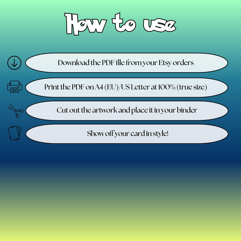 How to use instructions for printable Froakie extended binder art, showing steps for downloading, printing, cutting and inserting the artwork to your binder.