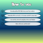 How to use instructions for printable Froakie extended binder art, showing steps for downloading, printing, cutting and inserting the artwork to your binder.