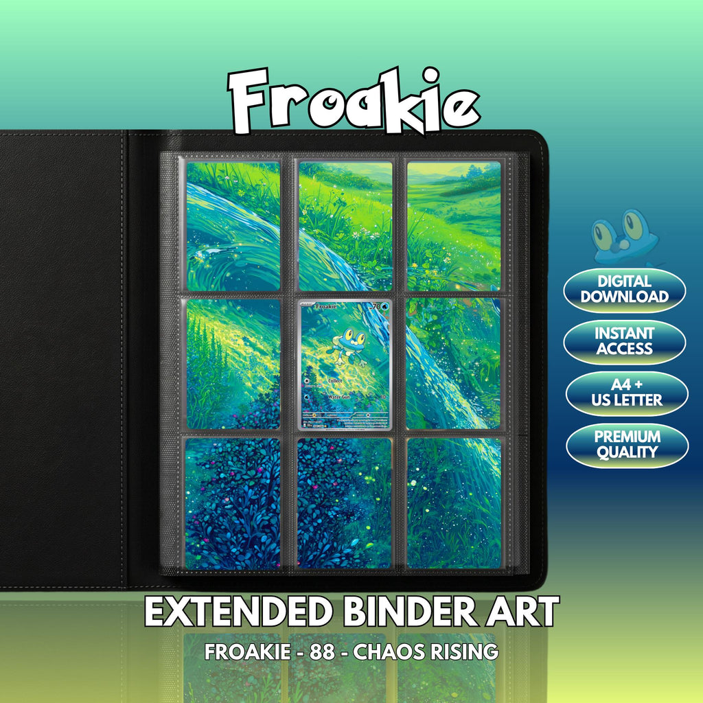 Extended binder art cover featuring Froakie Card in a 3×3 binder layout, with framed artwork accents and digital download labels.
