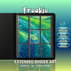Extended binder art cover featuring Froakie Card in a 3×3 binder layout, with framed artwork accents and digital download labels.