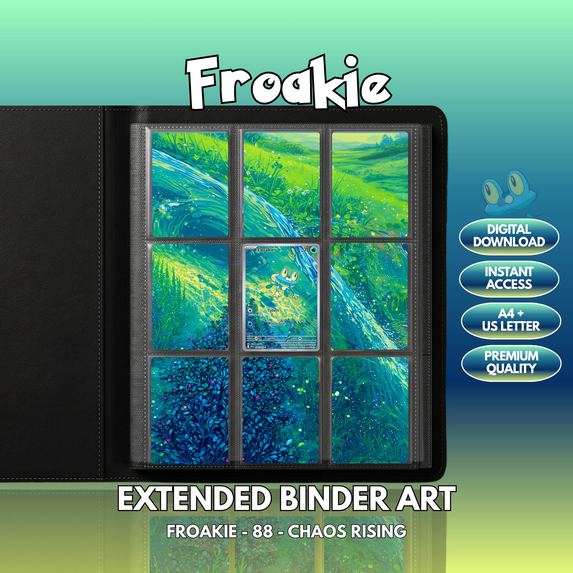 Extended binder art cover featuring Froakie Card in a 3×3 binder layout, with framed artwork accents and digital download labels.
