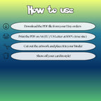 How to use instructions for printable Froakie extended binder art, showing steps for downloading, printing, cutting and inserting the artwork to your binder.