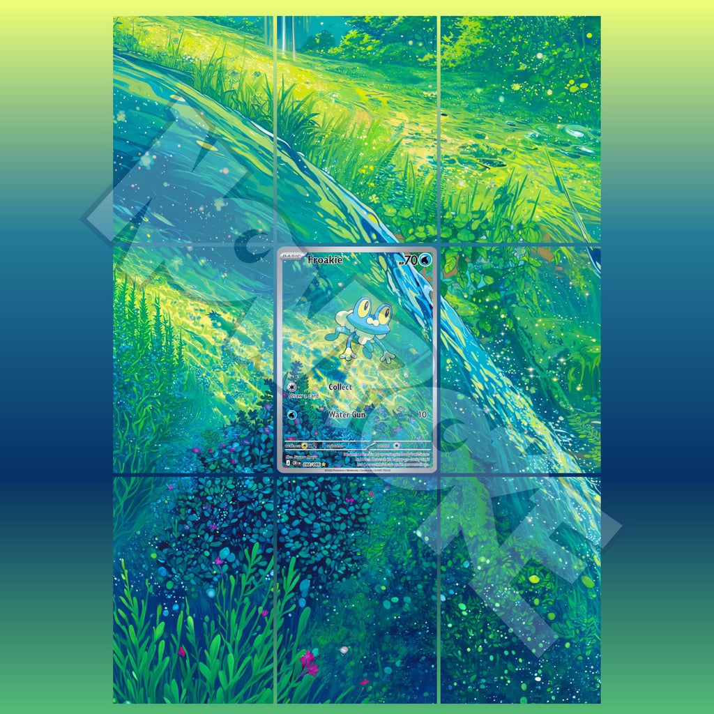 Froakie card displayed in extended binder artwork, styled as premium extended binder art for Pokémon collectors. Shows what you will receive as a PDF to download and print.