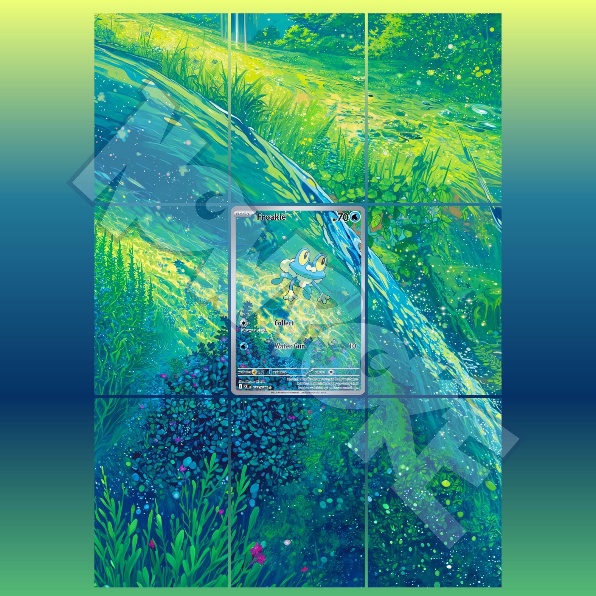 Froakie card displayed in extended binder artwork, styled as premium extended binder art for Pokémon collectors. Shows what you will receive as a PDF to download and print.