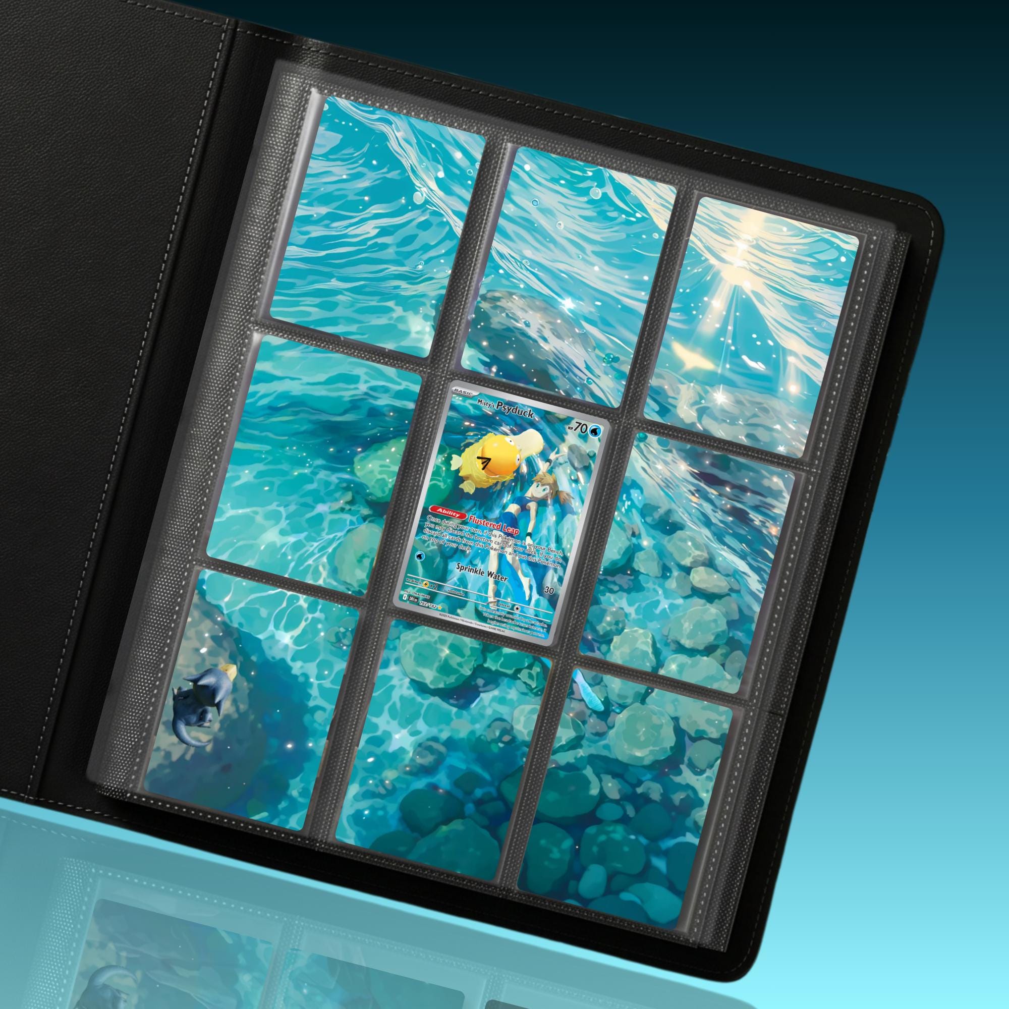 Misty’s Psyduck extended binder artwork displayed in a 9 pocket Pokémon binder.